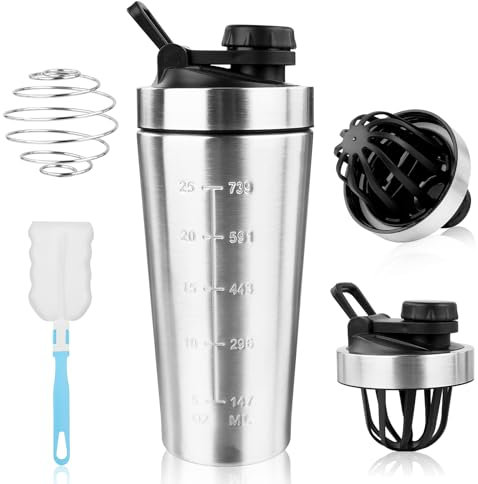 Fonyet Shaker proteine en acier inoxydable avec boule, 750 ml protein shaker avec poignée de transport et échelle de mesure, pour le sport, le fitness, les protéines