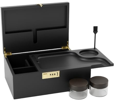 Quoriva Premium Large Wooden Storage Box with Combination Lock, Two Containers, and Cleaning Brush – Bamboo Organizer for Jewelry, Documents & Valuables (Black)