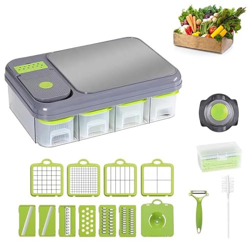 Cortador de Verduras Multifuncional, Estación de Preparación de Verduras, Cesto Escurridor de 4 Contenedores, Cuchilla de Acero Inoxidable 304 con 11 Cuchillas, Tabla de Cortar