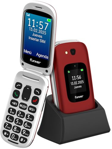 Funker E350 MAX Audio 3 Plus 4G, Teléfono Móvil con Tapa para Mayores, Pantalla Grande 2,8” y Pantalla Externa, Teclas Grandes, Audio Pro Compatible con Audífonos, Base de Carga, Botón SOS, Rojo
