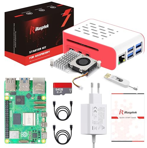 iRasptek Starter Kit for Raspberry Pi 5 de démarrage 16Go - Édition OS-Bookworm de 64Go préinstallée (boîtier Rouge et Blanc)