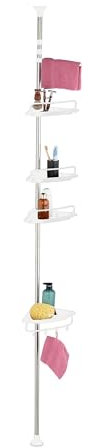 Relaxdays Estantería Ducha Telescópica, Alto 99–311 cm, Rinconera Baño sin Taladro, 4 Baldas, Esquinera Toallero, Blanco, Plástico, Acero Inoxidable