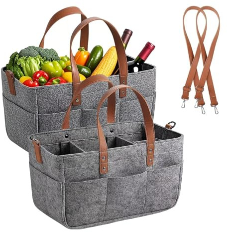 2er Filztasche mit Fächern, Einkaufstasche Filz 16L, Filztaschen Shopper, Filz Tasche, Einkaufskorb für Outdoor Trips, Picknick, Einkaufen, Dunkelgrau, 38x23x18cm
