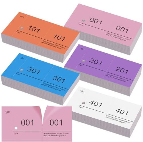 Nezyo Nummernblöcke Doppelnummern Blöck 1-500 Nummern Zahlen 5 Farben 5X10cm Nummernblöcke Für Garderobenmarken Nummerierte Abrisse Events Partys Messen Lotterien und Leckereien(Elegant Farbe,5)