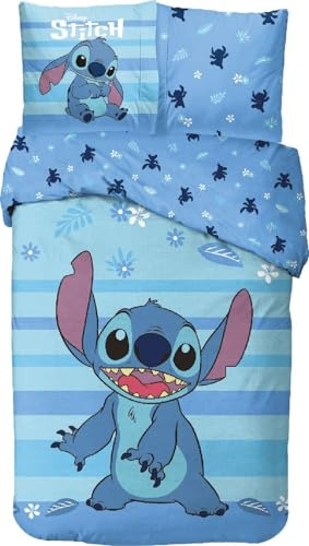 Parure de Lit Stitch pour Enfant, Housse de Couette Disney Réversible 140x200 cm, Taie d'oreiller 63x63 cm, 100% Coton (Parure Housse de Couette Stitch)