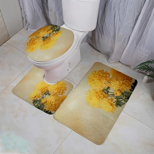 badezimmerteppich Set Gelbe Retro Blume Badezimmermatte WC Teppich Dekoration Schnell Trocknend Badgarnitur 3 Teilig Stand WC Deckelbezug Badvorleger rutschfest Waschbar 50x80 cm