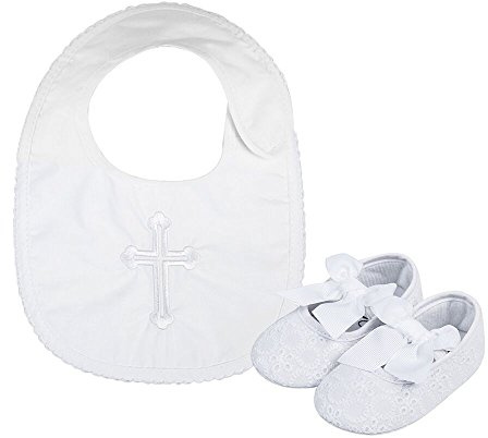 LACOFIA Baby Mädchen rutschfest Weiche Sohle Bowknot weiß Taufe Schuhe mit Bestickten Kreuz Taufe Lätzchen 3-6 Monate