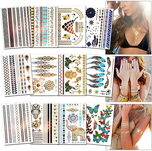 AniSqui Temporäre Tattoos (Waterproof), 12 Blatt Tattoo aufkleber festival, (180+ Designs) Gold Festival Ausrüstung, Festival Armbänder für Frauen, Mädchen