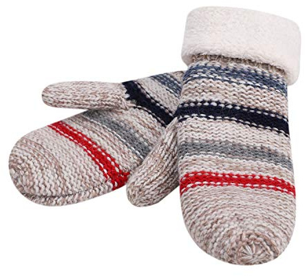 ITODA Handschuhe Damen Fausthandschuhe Winter Fäustlinge Strickhandschuhe Mädchen Thermohandschuhe Plüschfutter Winterhandschuhe Gestreifte Outdoorhandschuhe Gestrickte Skihandschuhe für Outdoor