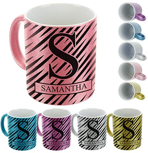 Personalised Mug and Belgian Milk Hot Chocolate Stirrer Marshmallow Gift Set, Customised with Name,Ceramic 11oz Gold, Silver, Blue, Pink Glitter Mug with Zebra Stripe Initial an Boxed Name Design