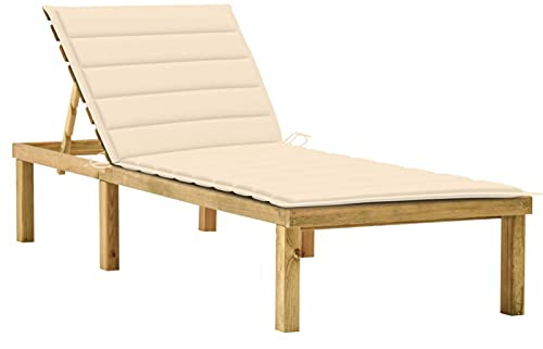 Susany Sonnenliege mit Creme Auflage Gartenliege Holzliege Liege Gartenmöbel Relaxliege Saunaliege Freizeitliege Strandliege 200 x 70 x (31,5-77) cm,Verstellbare Rückenlehne und Fußstütze