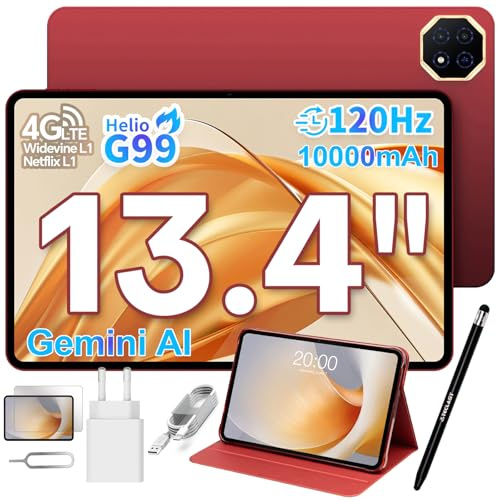TECLAST T65 PLUS Tablette 13.4 Pouces Écran 120Hz, Helio G99 2.2GHz Gaming, Dual SIM 4G LTE, 10000mAh/18W, 20Go RAM 128Go (TF 8TO), Widevine L1/GPS/13MP/WiFi, Android Tablette Tactile avec Étui+Stylet