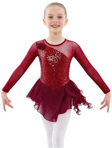 CHICTRY Kürkleider Rollkunstlauf Mädchen Langarm Schlittschuhkleid Pailletten Glitzer Tanzkleid Mesh Patchwork Ballettkleid Mit Blumen Dancewear