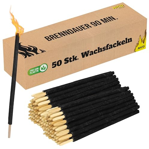 Nico Feuerwerk® Wachsfackeln 50 Stück, Brenndauer 90 Min. | Aus Wachs, mit Handschutz, Garten-Fackel für Outdoor, Party, Event, Nachtwanderung