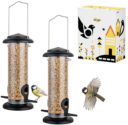 iBorn 2 Stück Metall-Vogelfutterspender zum Aufhängen für kleine Vögel, Vogelfutterhaus geeignet für den Garten im Freien, Vogelfutterstation aus lackiertem, rostbe-ständigem Metall,23cm,Schwarz