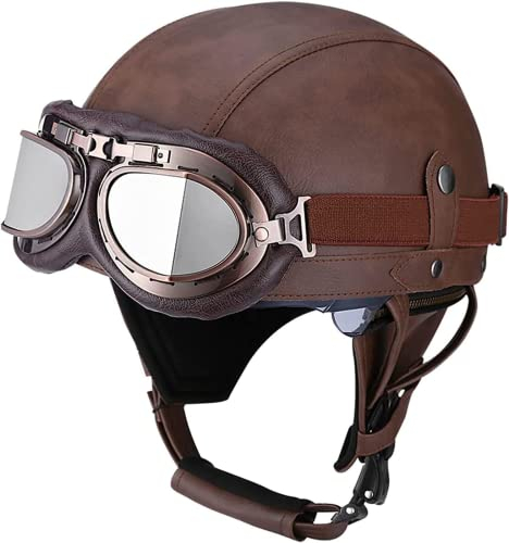 Syagot Retro Motorradhelm Lederhelm Jethelme Leder-Helm Vintage Mopedhelm Mit Brille Motorradkreuzer-Rollerhelm im Deutschen Stil (M)