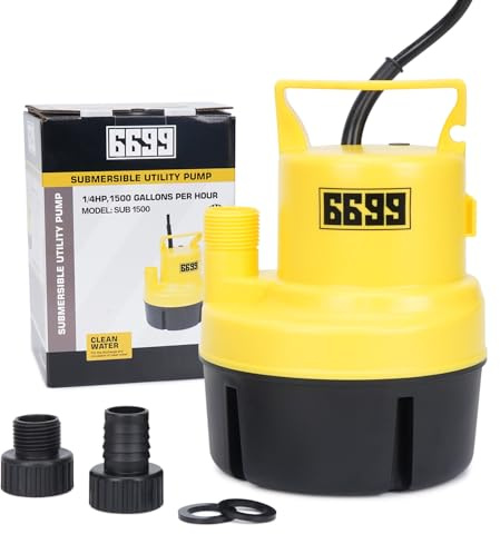 6699 Submersible Sump Pump 1/4 HP 1500GPH Utility Pump Thermoplastic Electric Portable Transfer Water Pump with 10-Foot Cord for Pool Tub Garden Pond Draining Tankless Heater Flushing