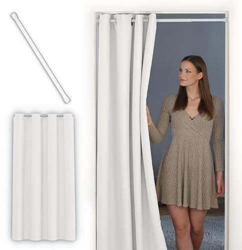 tinycurtains, Thermo Türvorhang mit Teleskopstange, einfache Montage in nur 1 Minute ohne Bohren (Türgardine weiß H200 x B150 cm + Stange weiß B55-90 cm)