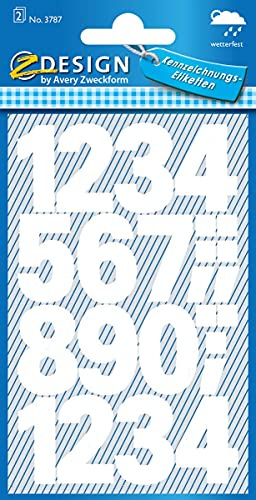 Avery Etiketten Zahlen und Buchstaben 0-9 groß, 2 Blatt, weiß, wasserfeste Folie 10 Stück