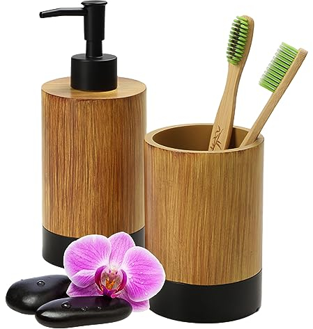 KADAX Set da bagno 2 pezzi, dispenser di sapone e bicchiere porta spazzolini effetto legno, accessori da bagno per WC, set igienico per casa e bagno (legno nero)