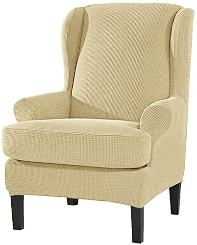 Konsilsa 2 Pieces Wing Chair Slipcover, High Stretch Jacquard Wingback Chair Cover Machine Washable Spandex Armchair Slipcovers with Separate Cushion Cover for Office Cafe Home (Color : Light Yellow)
