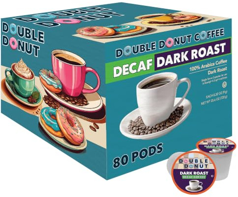 Double Donut Coffee Decaf Dark Roast Coffee Pods, Extra Bold Blend Coffee, Single Serve Coffee For Keurig K Cups Machines, Decaf Dark Roast Coffee in Recyclable Pods, 80 Count
