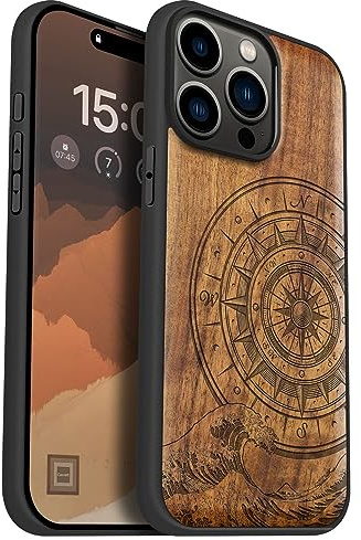 Carveit Holz Cover für iPhone 15 Pro Max Handyhulle kompatibel mit MagSafe Massivholz für Apple 15 pro max Handyhülle Stoßstange Weich TPU hulle（Nussbaum-Der Kompass vor Kanagawa Waves）. | Holz Cover kompatibel MagSafe Silikon Stoßfeste Case, Magnetisch Hull für iPhone 15 Pro Max Handyhulle