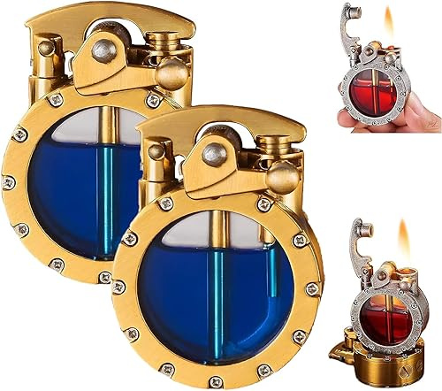 Vintage Grabenfeuerzeug, transparentes Kerosin-Feuerzeug, wiederverwendbar, Winddicht, Taschenfeuerzeug mit transparentem sichtbarem Kraftstofftank, antikes Steampunk-Feuerzeug (Gold*2)