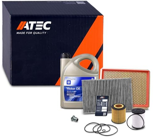ATEC Germany Inspektionspaket Filterset mit 1x Ölfilter, 1x Innenraumfilter, 1x Luftfilter, 1x Kraftstofffilter, 1x Ölwechselanhänger, 5l Motoröl 5W-30 GM dexos Kompatibel mit OPEL ASTRA H