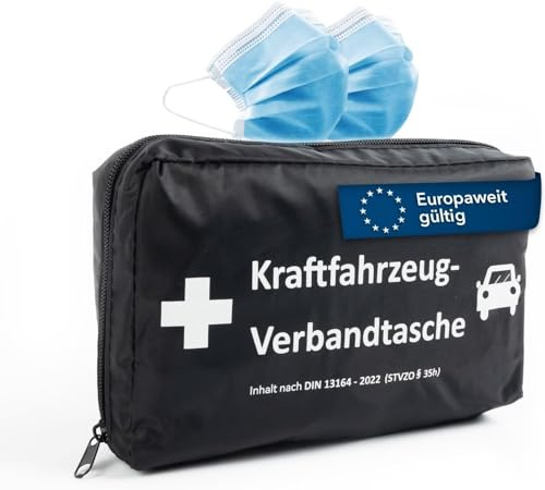 Floordirekt Botiquín de primeros auxilios para coche con 2 máscaras – Bolsa de primeros auxilios según DIN 13164 – válido en toda Europa – Kit de botiquín de primeros auxilios para coche y moto (sin