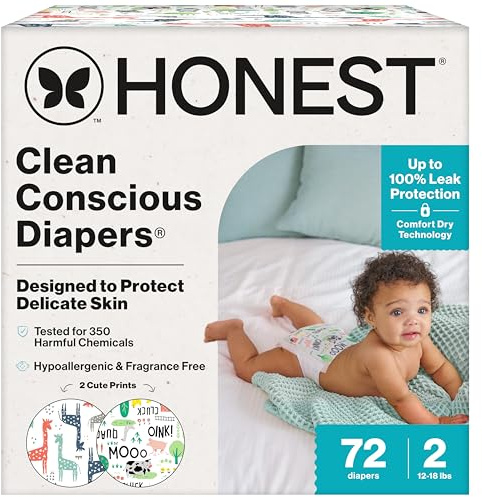 The Honest Company Comfort Dry Disposable Daytime Diapers for Sensitive Skin, Hypoallergenic, Fragrance-Free, Multi-Colored Giraffes + Barnyard Babies, Club Box, Size 2 (12-18 lbs), 72 Count