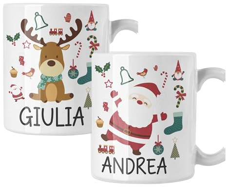 Colorfamily Coppia di tazze Natale Tazza Natalizia PERSONALIZZABILE con nome Babbo Natale Renna Christmas Mug 11 Oz Idea Regalo