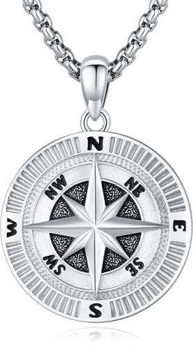 Eusense Kompass Halsband 925 Sterling Silver Kompass Hängsmycke Kedja Examen Present Smycken För Män Kvinnor, 24.5*33.5mm, Sterlingsilver, Ingen ädelsten