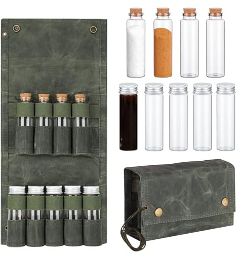 HOMURY Bärbar utomhuskryddpåse med 9 kryddburkar, bärbar utomhuskryddväska av duk, camping spice kit för camping, grillning, picknick utomhus (grön)