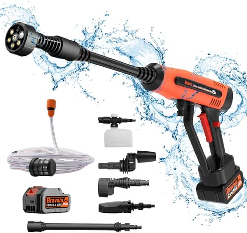 Akku Hochdruckreiniger, Bravolu MAX 500 PSI Hochdruckreiniger Mobil mit Zubehörset, 4.0Ah Akku Hochdruckreiniger mit 6-in-1-Multifunktionsdüse, Ideal für Autos Boote Garten