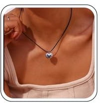 Inilbran Boho Leather Choker Necklace Black Leather Cord Necklace Choker Gothic Leather Suede Necklace Short Black Collar Necklace Silver Puffy Heart Necklace Jewelry for Women and Girls