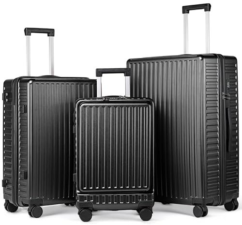 TANTOMI Hartschalen Koffer Trolley, Handgepäck Reisekoffer, 4 Rollen – 360° Drehbar, 3-stelligem TSA-Schloss (Set, Schwarz)