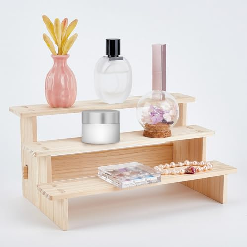NBEADS 3 livello Legno Display Riser, 17.9x29.6x14.2cm Alzate per Piccoli Stand per Alimenti Da Tavolo Bianco Antico Espositori Cosmetici per La Collezione di Figure