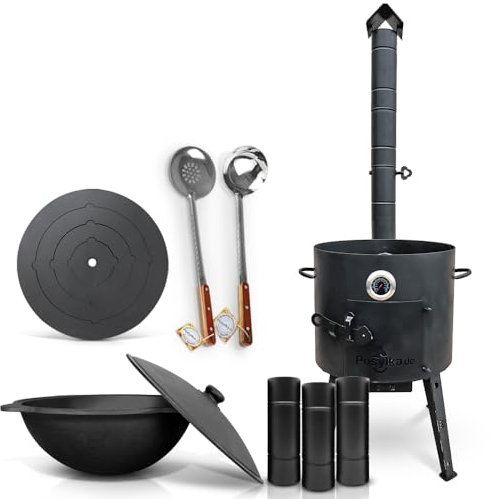 Utschak 556 - Hornillo de fuego (40 cm de diámetro, 43 cm de diámetro, 4 anillas, 42,5 cm de diámetro, base redonda con termómetro, extensión de chimenea, cucharón de 48 cm)