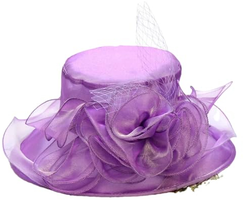 Suwequest Eleganter Sommerhut für Damen, Organza-Hut, Blume, Sonnenhut, breite Krempe, Fascinator, Hochzeit, Kopfbedeckung, weiblich, Reise-Chapeau, B Lila, Einheitsgröße