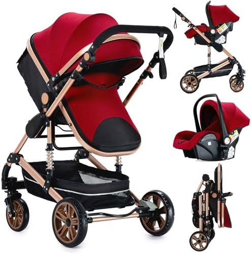 Nine point nine Kinderwagen 3 in 1, Kinderwagen Set mit Umkehrbarem Doppelschiebemodus, Kombikinderwagen 3 in 1 mit Großer Bequemer Babywanne, Kinderwagen Rahmen Aluminiumlegierung (739 Red)