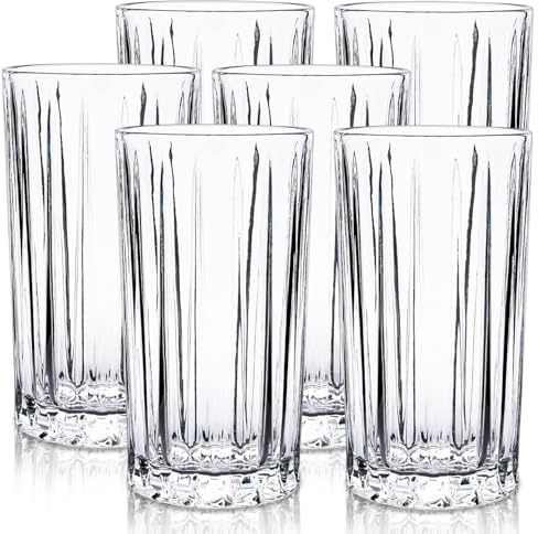 Raisaplin Highball Glasses Set of 6, 430ml/ 15oz Lead-Free Crystal Drinking Water Glasses Tall Glass Cups Mixed Drink Cocktail Glass Set Tom Collins Bar Glassware for Iced Coffee Juice Whiskey Mojito