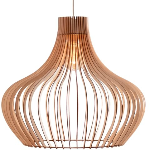 Nordestic Pendelleuchte Holz „Iduna“, skandinavische Hängelampe Esstisch + Wohnzimmer, Boho Hängeleuchte höhenverstellbar + dimmbar mit E27 Fassung (HxD 60x65 cm, Iduna)