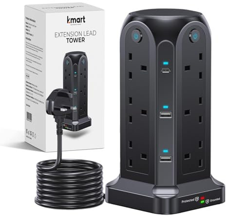 Wolf Power Tower Extension Lead with USB Slots, 18-IN-1 Surge Protected Extension Lead with 2M Extension Cable, 2 USB-C & 4 USB Ports, 12 UK Plug Sockets – Ideal for Home, Office & Workshop (Black)