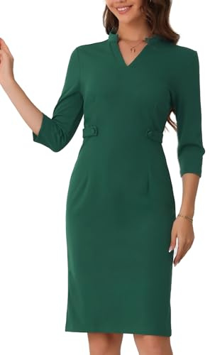 Allegra K Work V Neck Dress for Women's Stand Collar 3/4 Sleeve Split Vintage Midi Pencil Dress Dark Green S