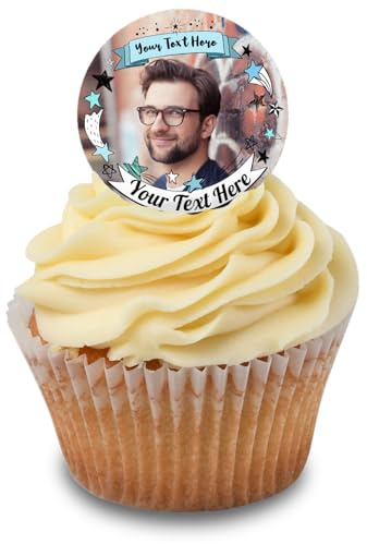 Cakeshop Cupcake Personalisierte Essbare Kuchenaufleger Mit Sternen & Textbannern | Benutzerdefiniertes Bild & Text | Für Geburtstage & Feiern | Zuckerguss- & Oblatenpapier-Optionen
