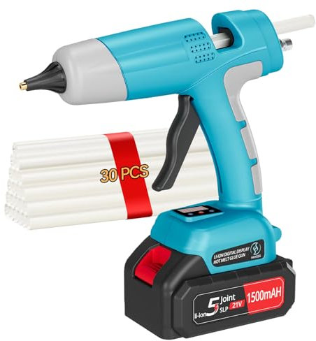 HHYSSG 100W Heißklebepistole Akku Kabellose Klebepistole mit Lithiumbatterie LED Digitalanzeige für Schule DIY Haus Industrie Blau