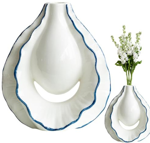 Weiße gewellte Vase, Keramik-Blumenvase - Austernschalen-Wellenvasen | Schicke Heimdekoration, Moderne Tischdekoration für Esstisch, Bauernhaus