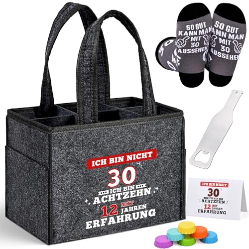 Alishomtll Geschenk zum 30 Geburtstag Flaschentasche für Männer, Filz Männerhandtasche Bier 6 Flaschen, Bierfest Vatertag Herrenhandtasche mit Flaschenöffner, Bier Socken, Flaschenverschluss, Grau