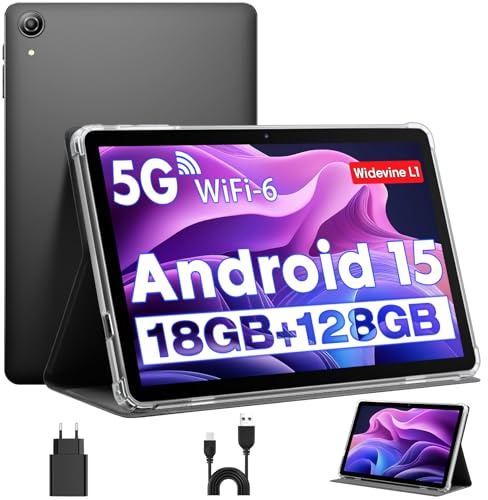Tablet Android, Android 15 Tablet 10 Inch Tablets, Tablets for Adults, Octa-Core, 18GB RAM+128GB ROM+1TB Expand, 1280x800 IPS Display, , Widevine L1, GPS, 2.4G/5G WiFi, 5MP+8MP Camera, BT5.4, Black